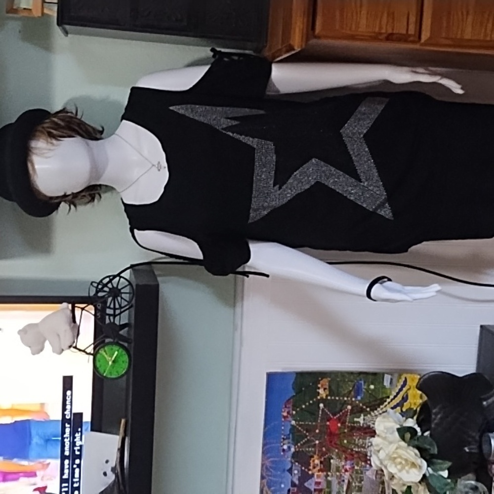Venus Cold Shoulder Black Top with Silver Star Design